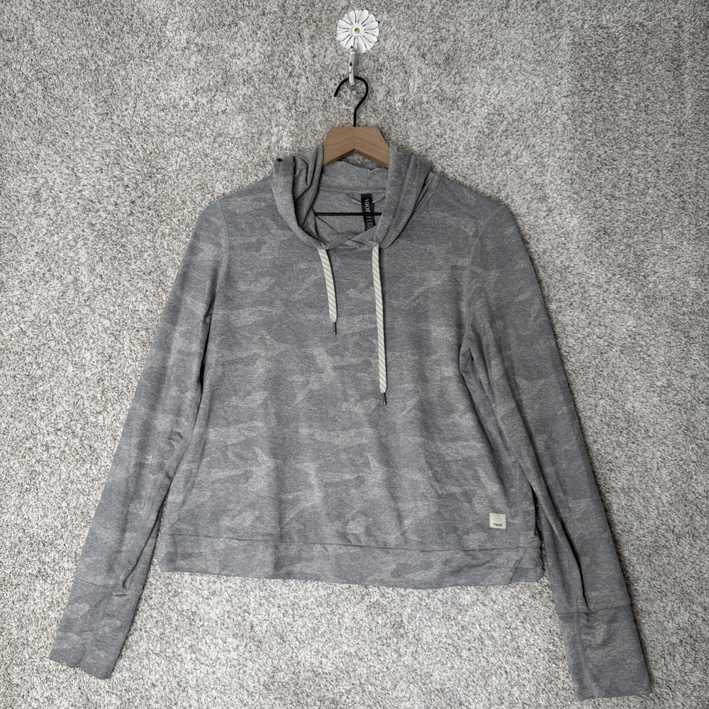 Vuori Hoodie Women Small Halo Essential VW226 Gray Camo Drawstring Top Soft Logo